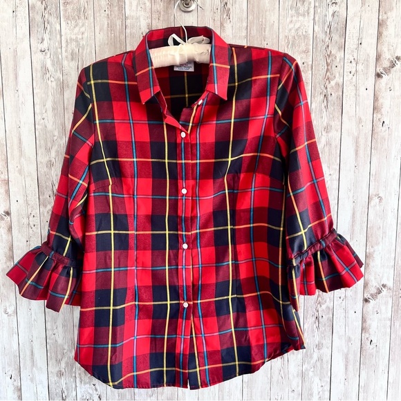 Gretchen Scott Plaid Bell Sleeve Button Down Blouse Size Small - Picture 1 of 5